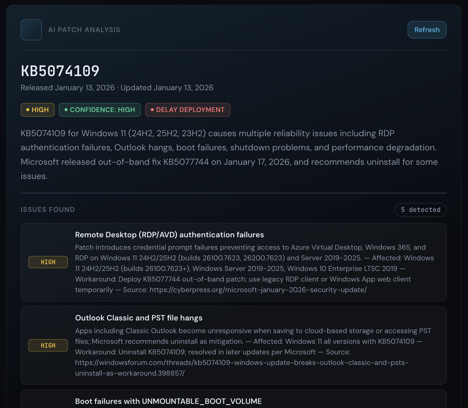 AI Patch Analysis showing severity scoring, issue detection, and deployment recommendations for KB5074109