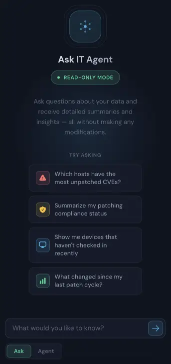 Ask IT Agent — AI chat interface with suggested questions about your IT environment