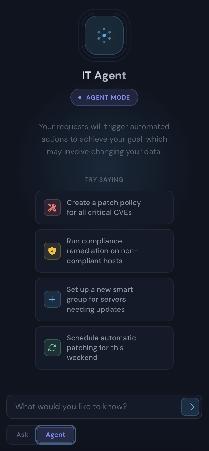 IT Agent AI chat with action-oriented prompts and one-click deploy