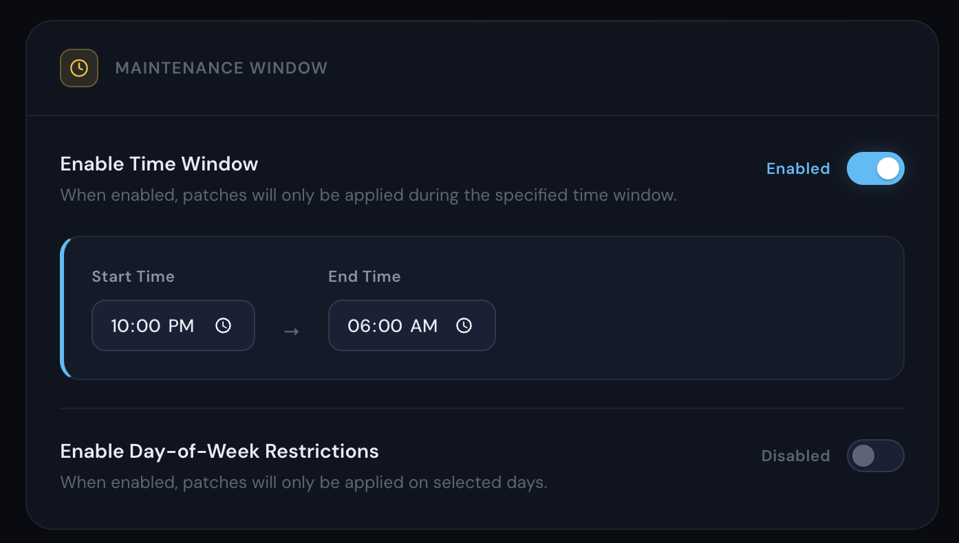 Patch policy configuration showing maintenance windows, day-of-week scheduling, and severity-based timing rules